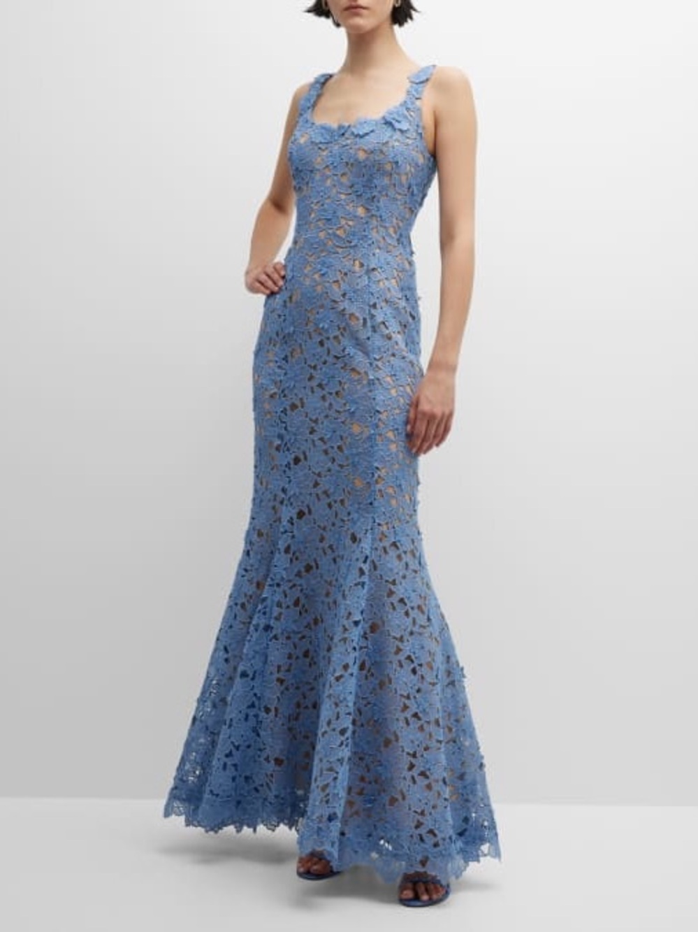 Oscar de la Renta Floral Guipure Blue Lace Mermaid Gown NWOT
